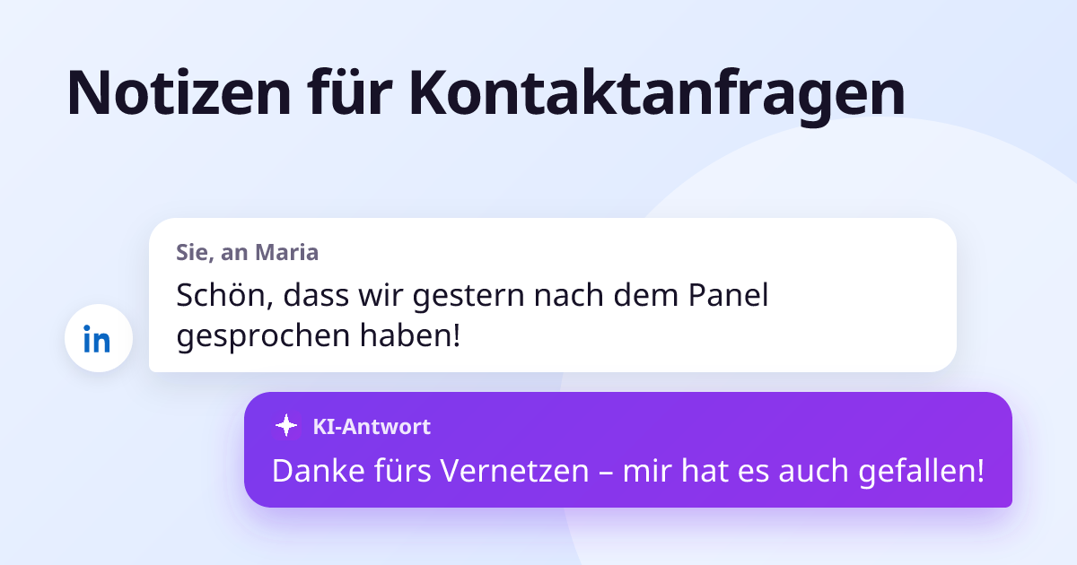 Sie, an Maria: „Schön, dass wir gestern nach dem Panel gesprochen haben!“ – Antwort: „Danke fürs Vernetzen – mir hat es auch gefallen!“