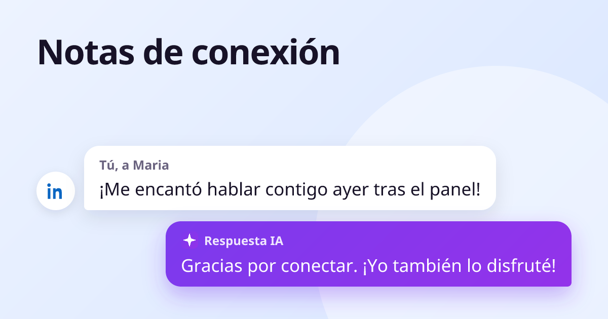 Tú, a Maria: «¡Me encantó hablar contigo ayer tras el panel!» — respuesta: «Gracias por conectar. ¡Yo también lo disfruté!»