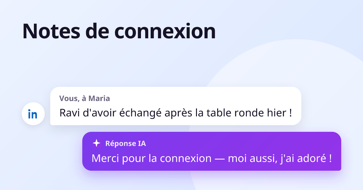 Vous, à Maria : « Ravi d'avoir échangé après la table ronde hier ! » — réponse : « Merci pour la connexion — moi aussi, j'ai adoré ! »